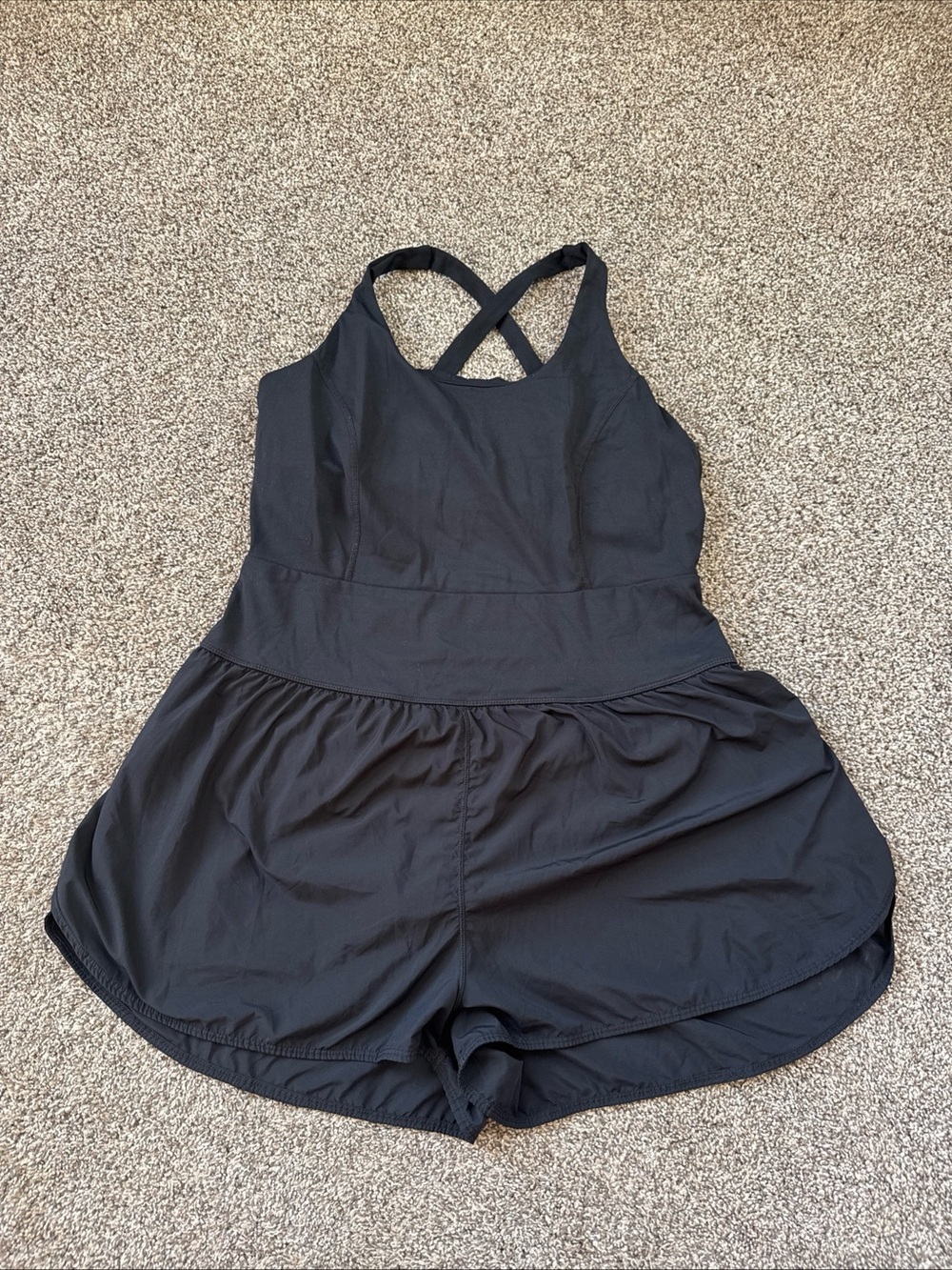 Avia Women’s Large EUC Black One-Piece Romper Shorts Lined Crisscross Back
